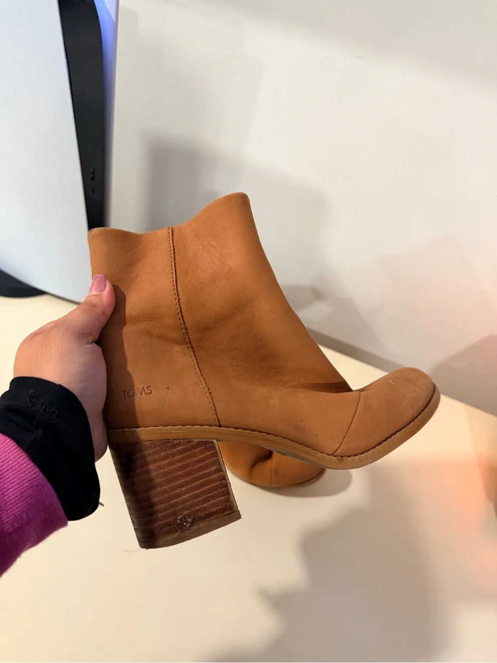 TOMS Tan Leather Block Heel Ankle Boot